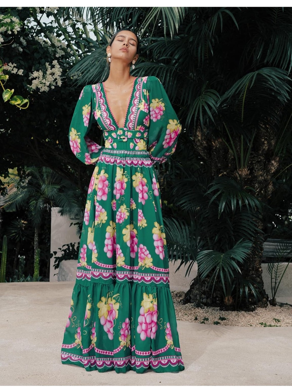 Green Floral Deep V Maxi Dress with Smocked Waist